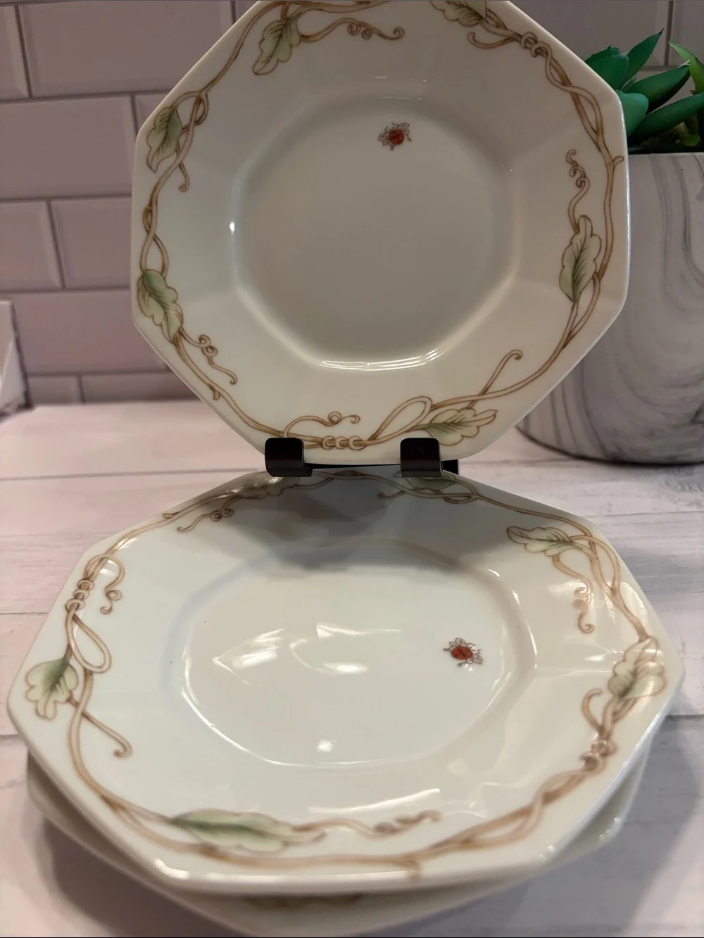 Fitz and Floyd White Porcelain Plates with Green Leaves and Gold Scroll
